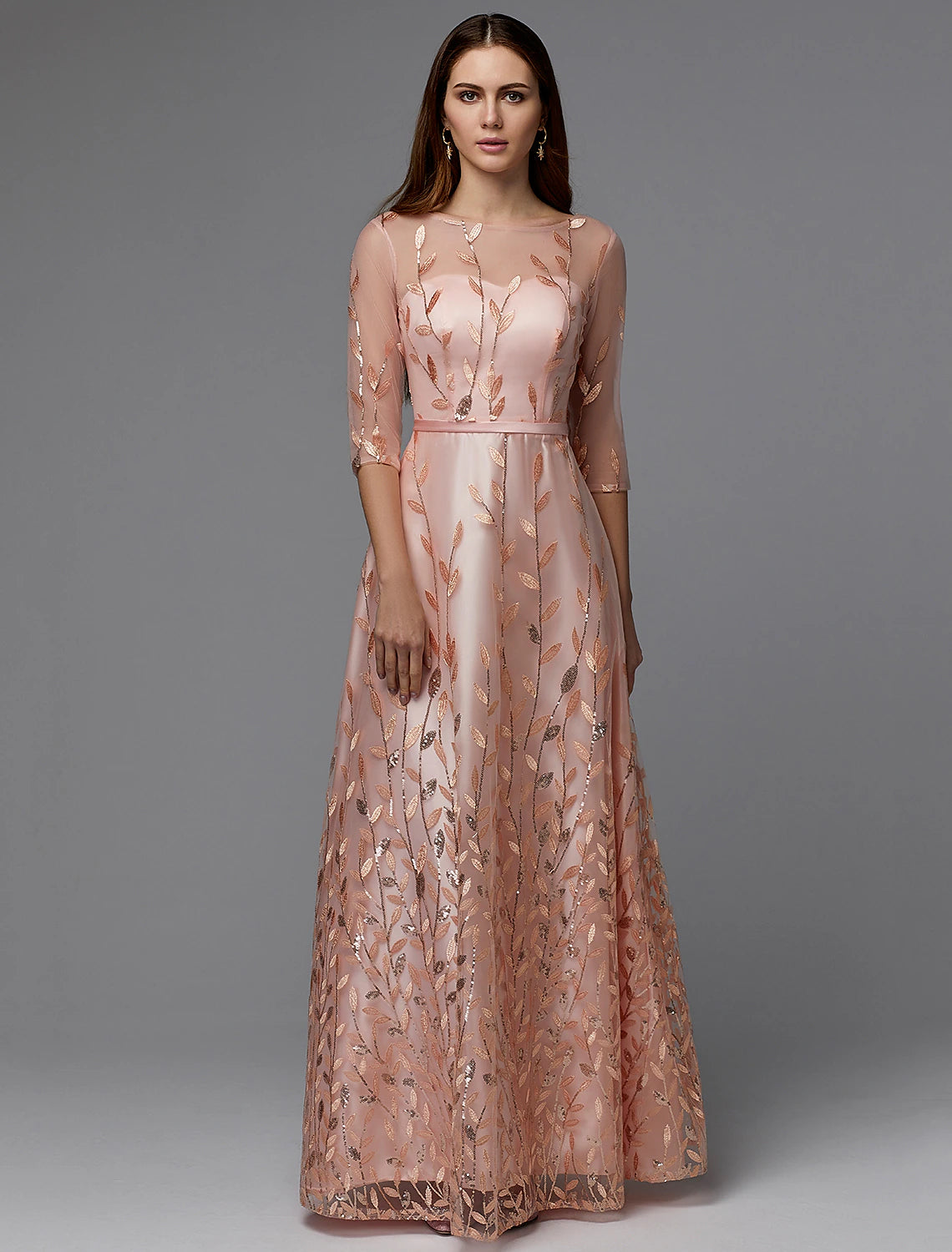 Wholesale  A-Line Floral Dress Wedding Guest Prom Floor Length 3/4 Length Sleeve Illusion Neck Bridesmaid Dress Lace with Pattern / Print Appliques
